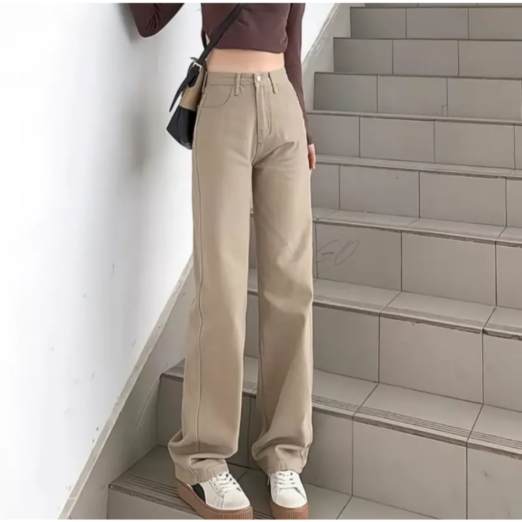 Highwaist Kulot Jeans Loose Khaki | Celana Kulot Jeans Wanita Loose Warna Khaki Cream