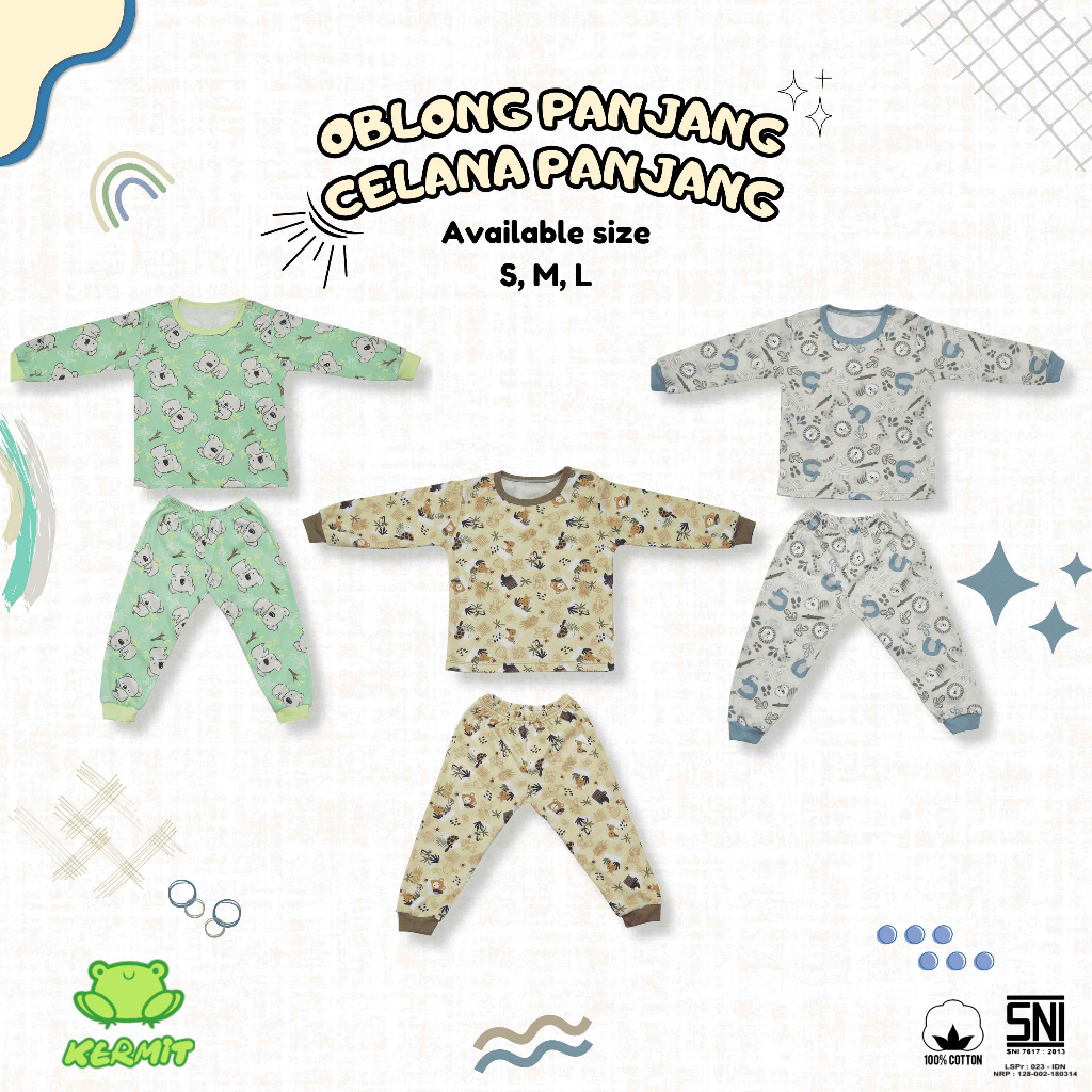 BABY KERMIT - Setelan Baju Kaos Oblong Dan Celana Panjang Anak Bayi Laki Laki Perempuan Motif SNI