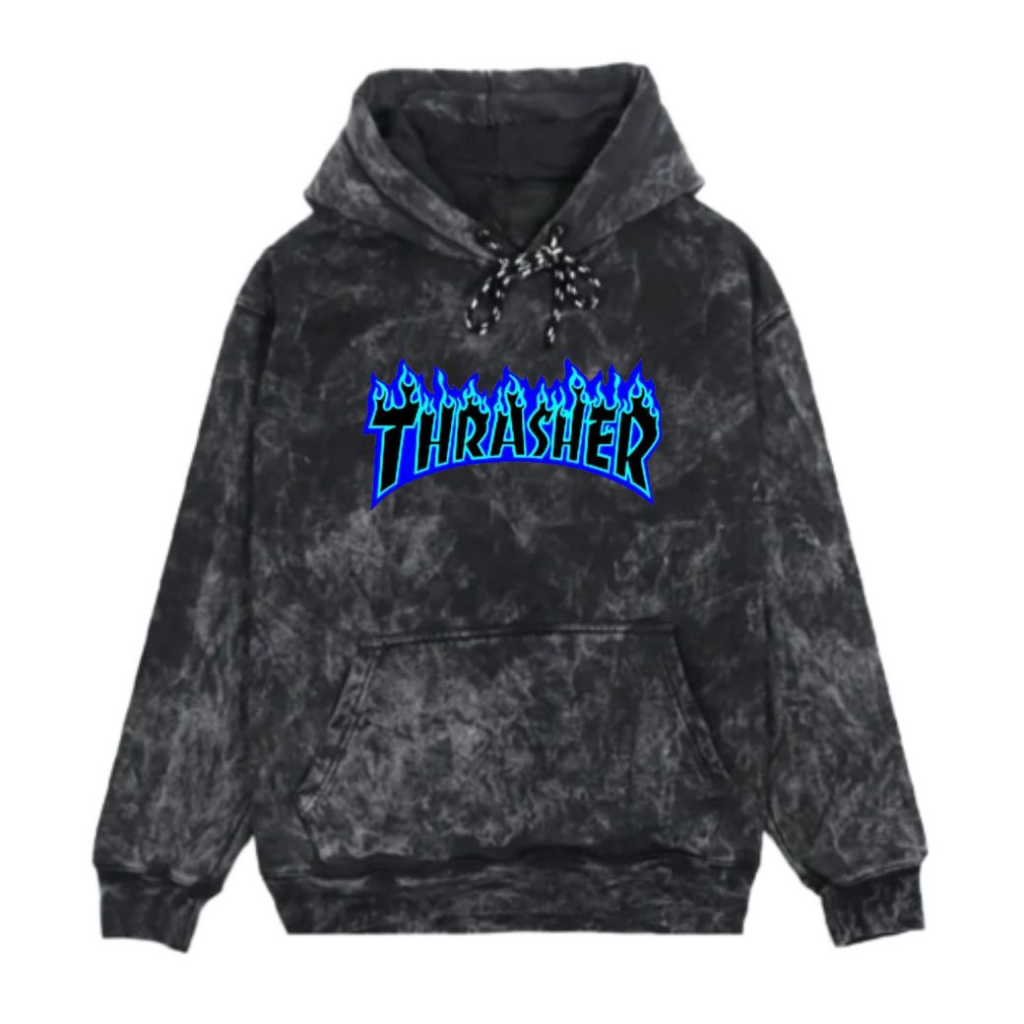 Thrasher Blue Text Washing Black Hoodie Pullover Original