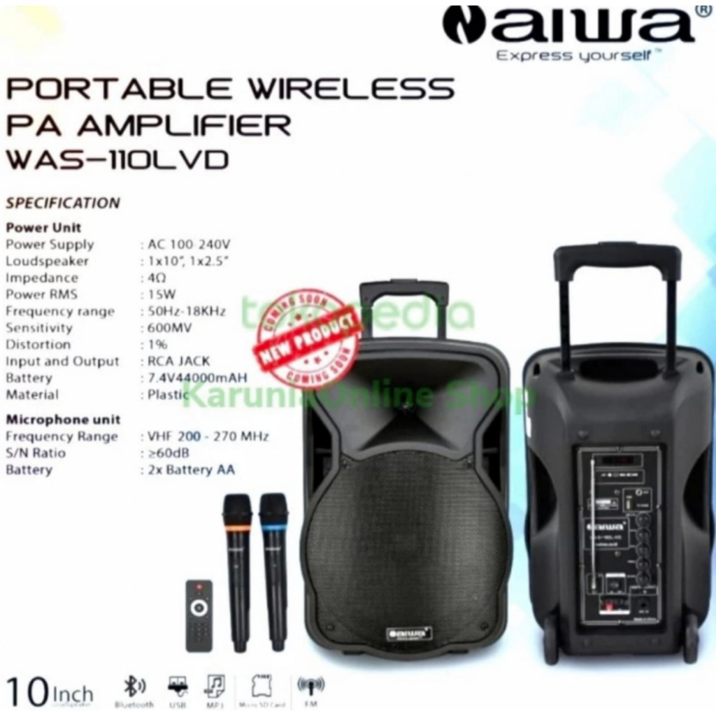 AGEN SPEAKER PORTABLE AIWA WAS 110 LCD 10INCH BLUETOOTH MIC WIRELESS