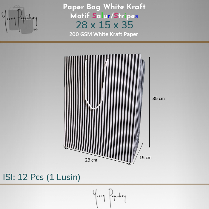 

Paper Bag / Tas Kertas /Shopping Bag White Kraft Motif Salur/Stripe 28x15x35 (1 lusin)