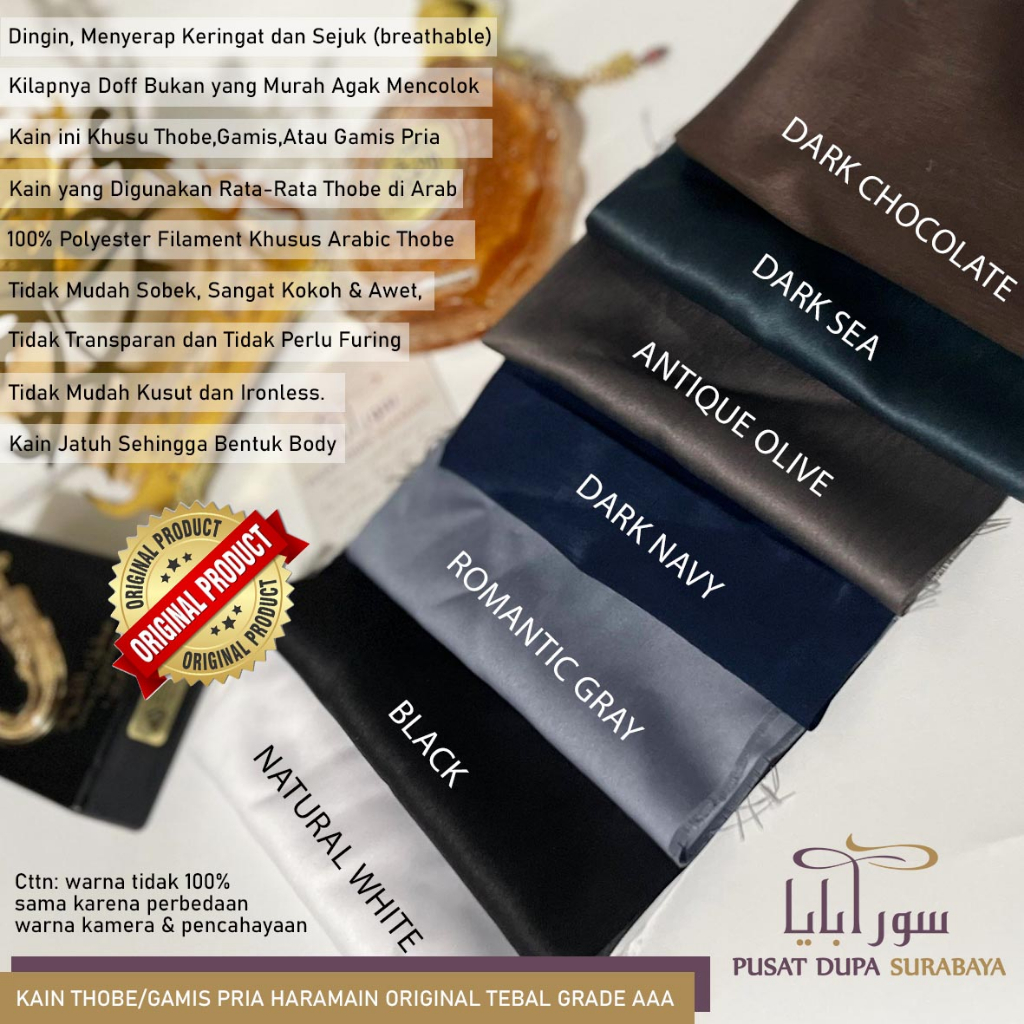 KAIN IMPOR AL MADINAH POLOS WARNA LENGKAP BAHAN GAMIS THOBE KURTA PRIA ARAB HARAMAIN/Al Asil/Daffah/