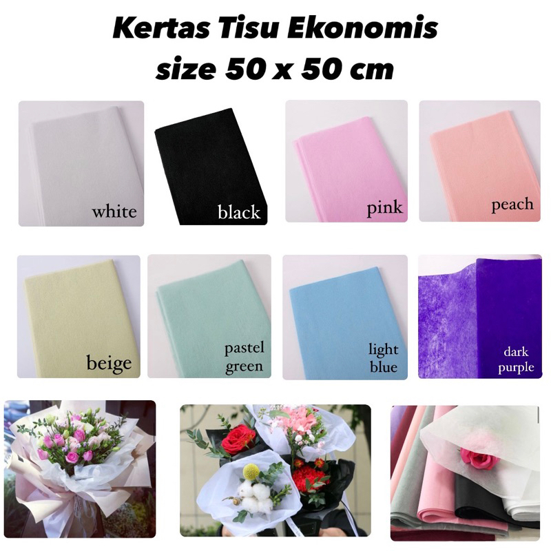 

Kertas Tisu Buket Ekonomis (50x50cm) / Tissue Cotton Paper Non Woven Serat untuk Wrapping Bucket Bunga / Krtas Flower Cellophane