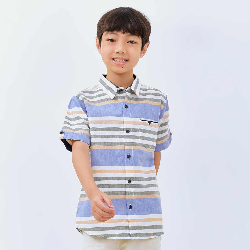 M231 Kemeja Anak Laki Laki Salur Stripe Pendek Biru 3073A
