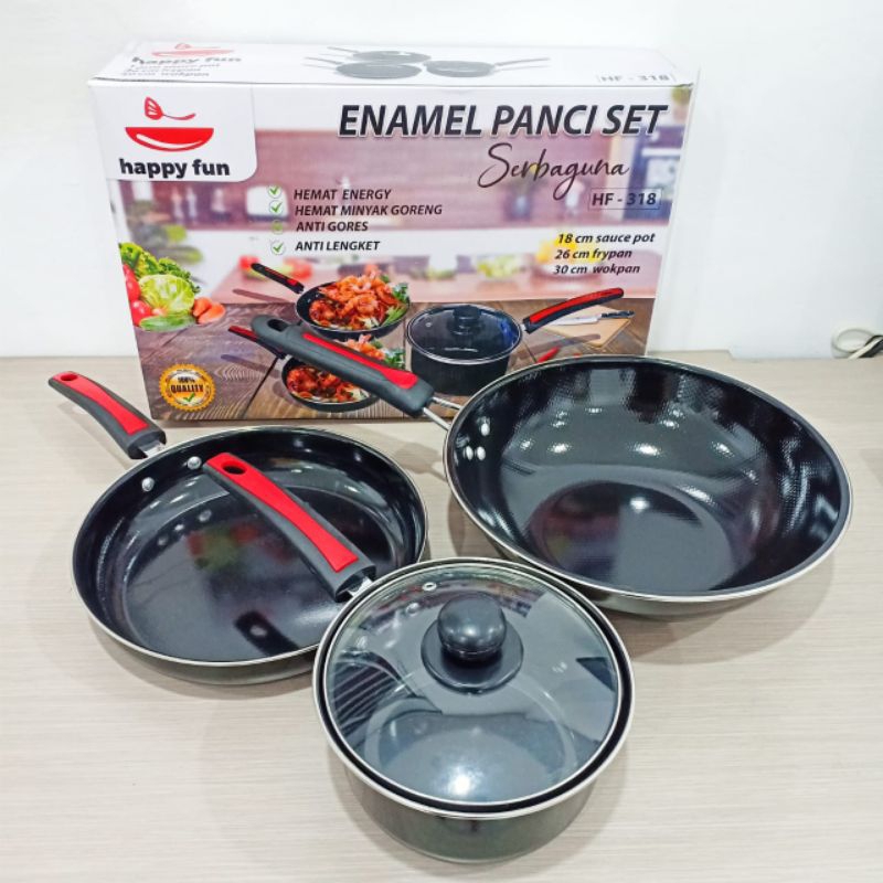 Panci set enamel anti lengket - ORI Enamel 4 pcs Teflon - Wajan Set Penggorengan Tutup Kaca - Panci 