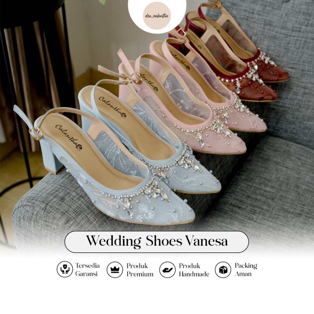 Grosir Deu_Calantha Sepatu Pesta Wanita Wedding Shoes Berpayet Ankle Strap Vanesa Heels 7 Cm Insole