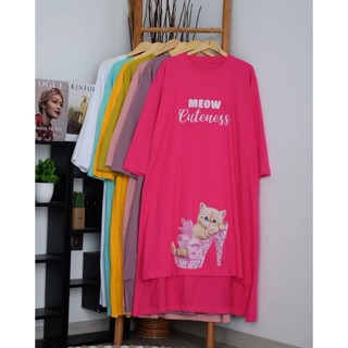 Baju Gamis Terbaru Wanita Meow Midi Dress Size S M L XL XXL XXXL LD 90-130 CM Bahan Kaos Katun Combe