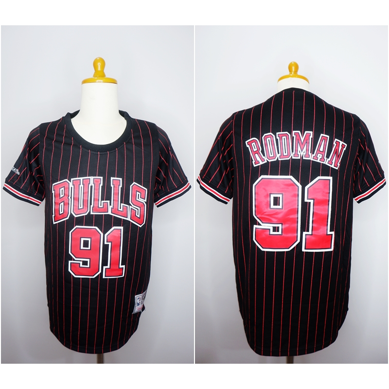 JERSEY BASKET BERLENGAN SLEEVE BULLS #91 DENNIS RODMAN HITAM GARIS MITCHELL&NESS