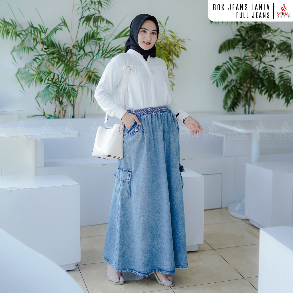 ROK JEANS CARGO LANIA - SYEHAL COLLECTION // ROK CARGO JEANS // Rok Wanita Panjang Jeans polos denim