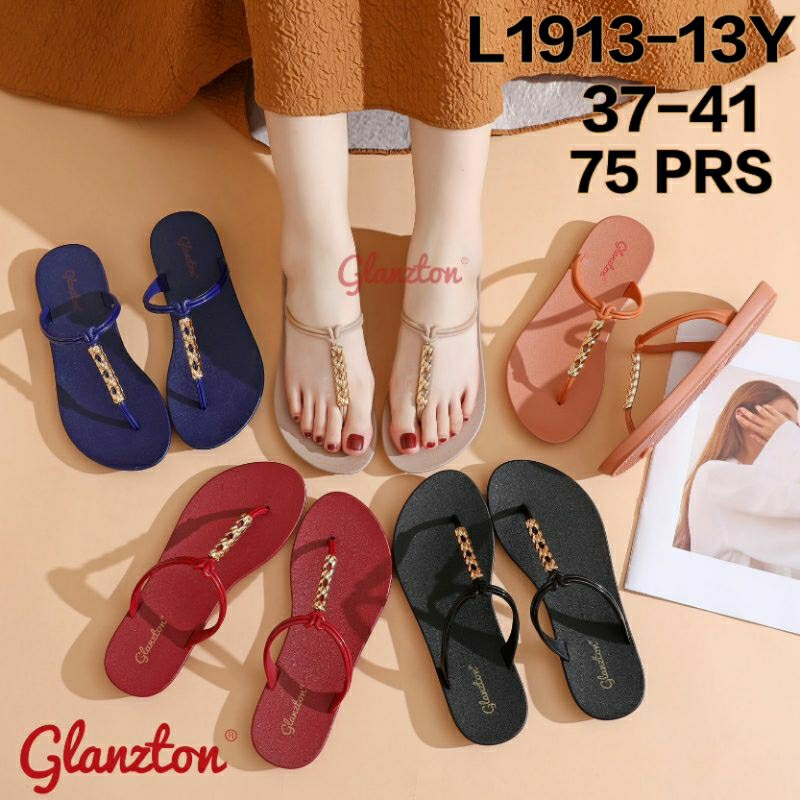 L1913-13 Sandal Glanzton Tali Kabel Chrome Terbaru Wanita Jepit Karet Sendal Flat Japit Jelly Cewek 