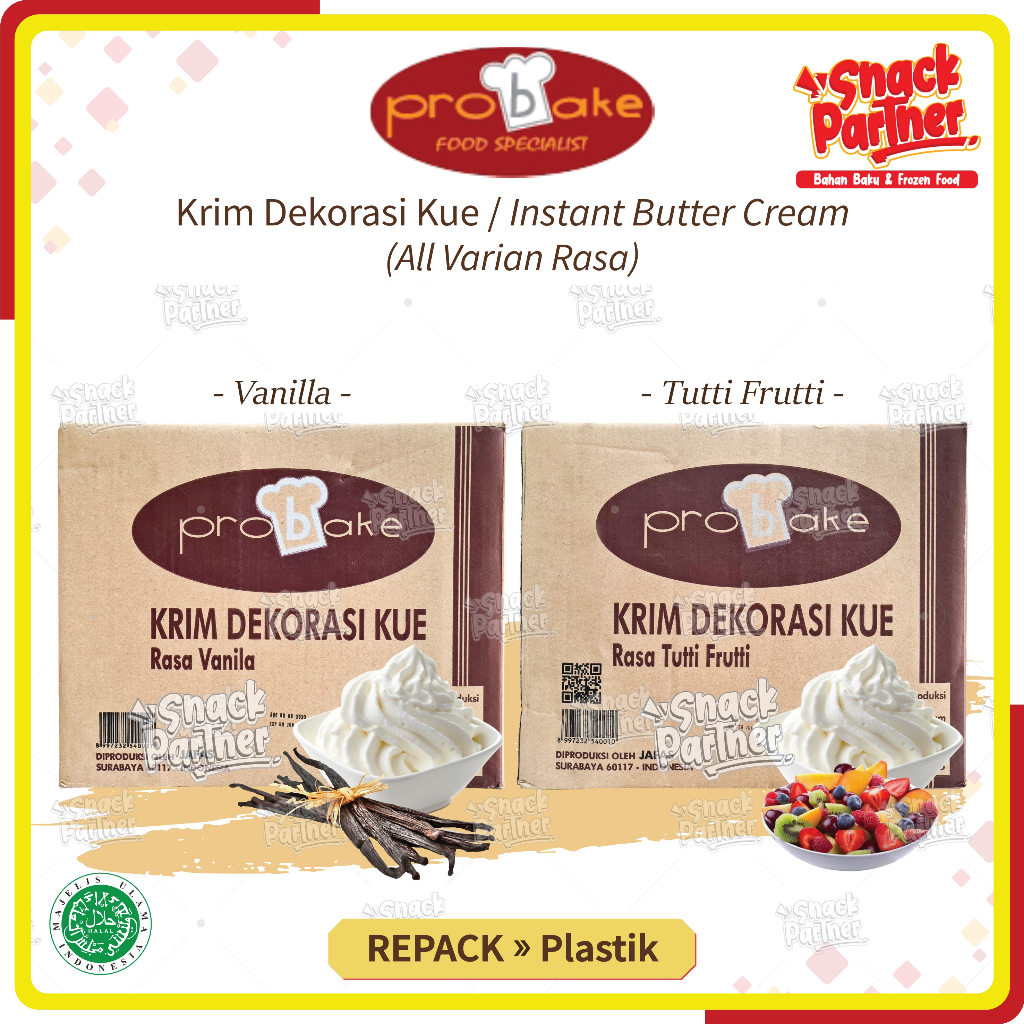 

PROBAKE BUTTERCREAM Repack 250 500 GR - Butter Cream Instant Siap Pakai Saji - Vanilla Vanila Tutti Frutti - Topping Toping Krim Dekorasi Cake Kue Tutty Frutty 250GR 500GR