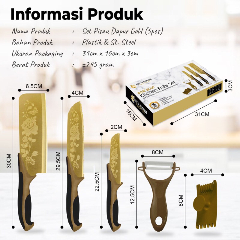 Kado Pernikahan - Pisau Dapur Set Premium Mewah 5in1 Motif Gold Bunga Chef Knife Super Tajam Peralat