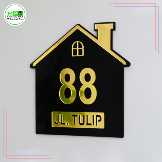 Plat Rumah Model Rumah Kotak / Plat Nomor Rumah Akrilik / - Gold/Tempel, S(20x20)
