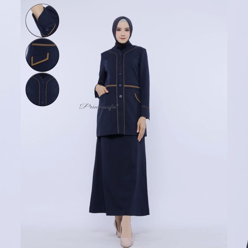 Seragam Kerja Biru Dongker dengan Lis Coklat Navy Model Semi Tunik untuk Kantor, Guru, dan Bank