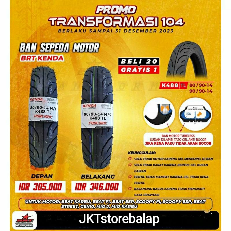 BAN KENDA TUBELESS 90/90 BAN BELAKANG BEAT SCOOPY VARIO GENIO LAPISAN GEL ANTI PAKU