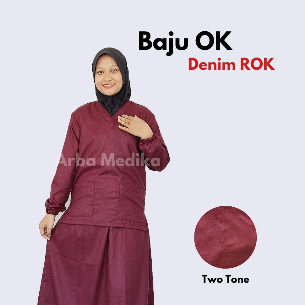 Baju Jaga Rok Denim Oka Dokter Perawat Petugas medis Lengan Panjang Karet