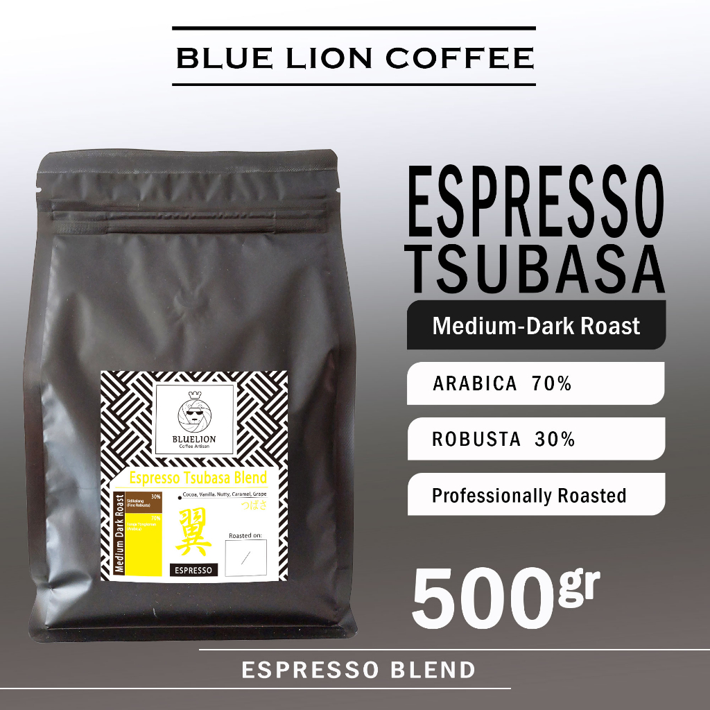 

Espresso Tsubasa Blend 500 gram Medium Dark Roast Biji Kopi Bubuk 30 Robusta 70 Arabica Blue Lion Coffee