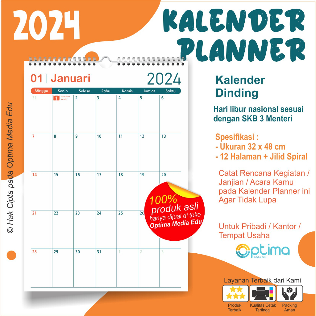 

Kalender Planner 2024 Besar Ukuran 32 x 47 cm / Kalender Dinding