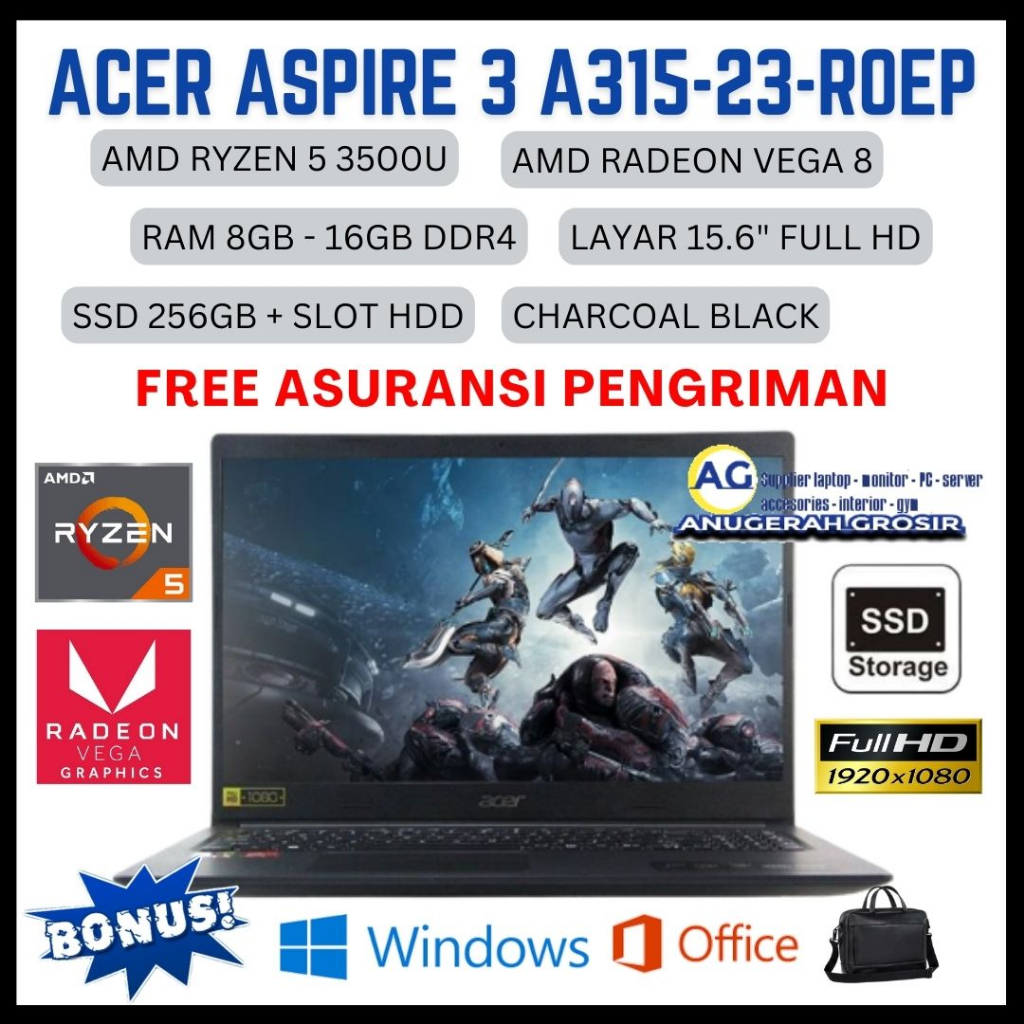 LAPTOP GAMING Ryzen 5 Acer Aspire 3 A315-23- R0EP | RAM 8gb | SSD 256gb | Vga Radeon Vega 8 15.6" Fu