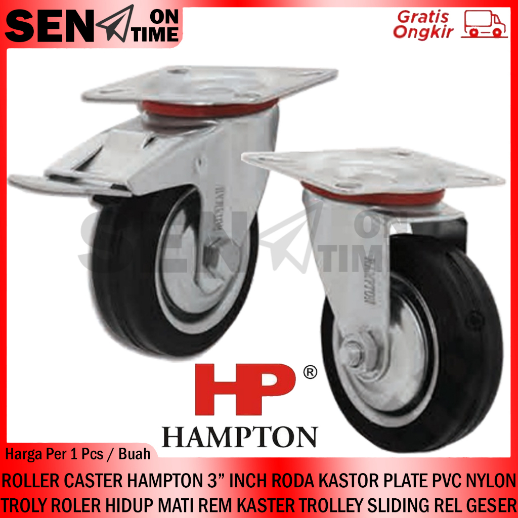 RODA TROLI 3 INCH ETALASE 3” IN INCI INCHI TROLY GEROBAK ROLLER CASTER KARET HAMPTON KASTOR PLATE PV