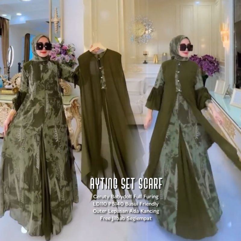 Saless Ayting Set Scarf Ld110 & Ld120 (Label Savna) Gamis Set Outer Ceruty Motif Viral Kekinian