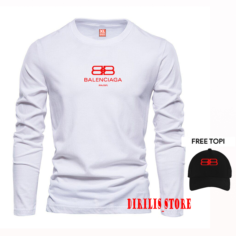 BONUS TOPI  Kaos Lengan Panjang Pria & Wanita Balenciaga Text Merah Bahan Catton Combed 30s Premium 
