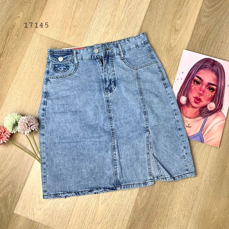 17145 Rok jeans Wanita Pendek Robek depan Kekinian Import Premium/Rok Jeans Mini Polos Blue Light AC
