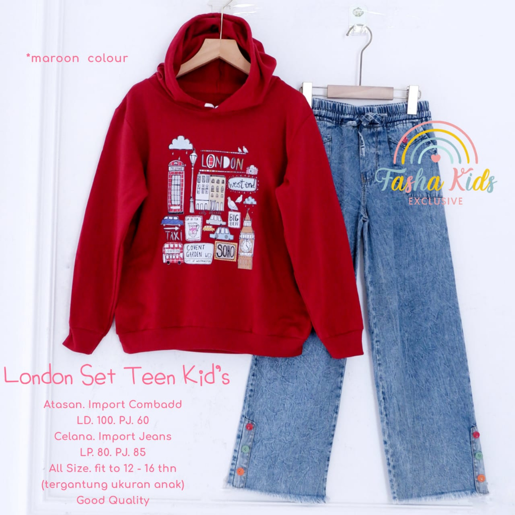 LONDON SET TEEN KIDS SETELAN BAJU REMAJA ANAK PEREMPUAN USIA 12-17 TAHUN  HOODIE DAN CELANA KULOT ON