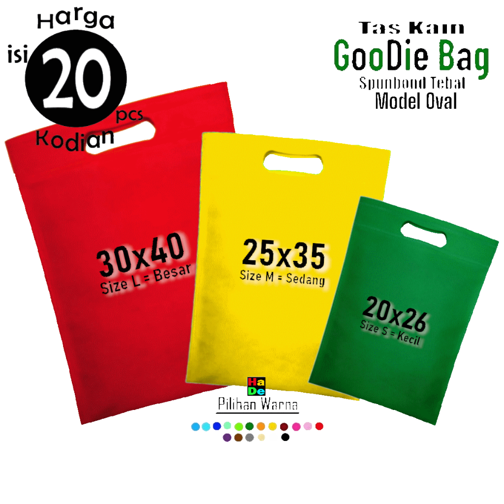 

1 Kodian isi 20 Tas Spunbond Goodie Bag Oval Polos Besar / Kecil 20x26 25x35 30x40 Untuk Kantong Belanja Lipat Bingkisan Souvenir Snack Ultah Ulang Tahun Anak Totebag Hampers Hajatan Pernikahan Wisuda Promosi Tile Umroh Haji Murah 100% Ramah Lingkungan