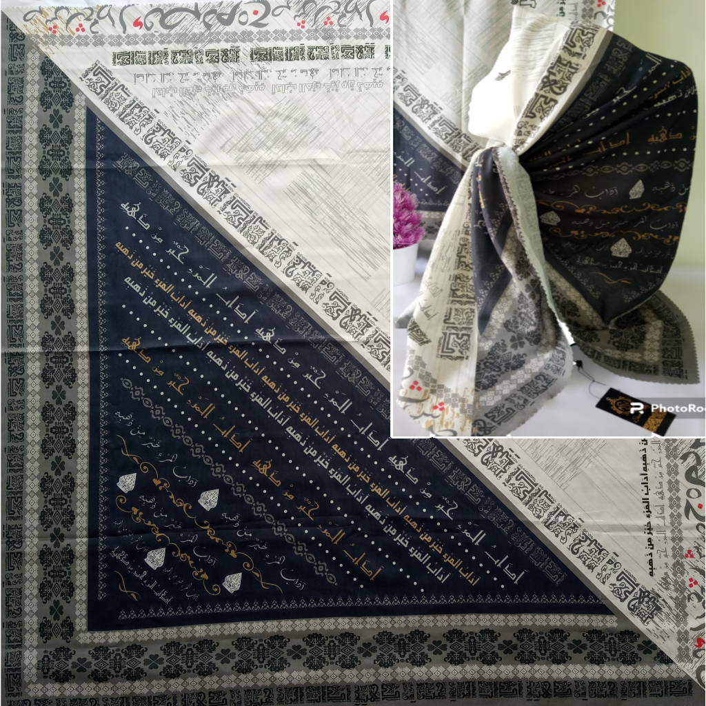 Kerudung Santri Motif Tulisan Arab Mutiara Hikmah Warna Hitam Putih Adabul Mar'i Jilbab Ala Santri M
