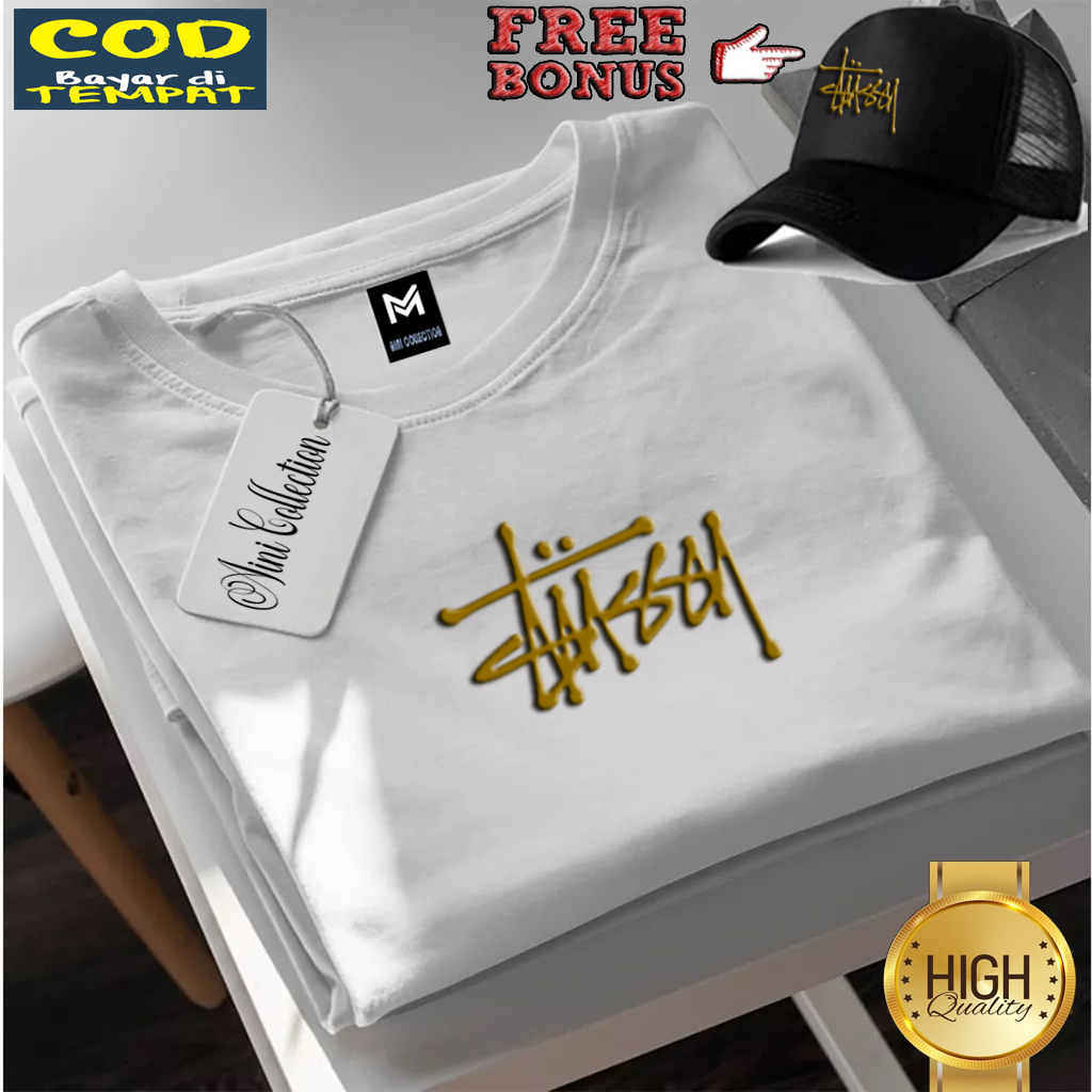 Bonus Topi !!. Kaos Pendek Distro Logo Stussy Gold  Terbaru../ Terkeren 1805 < Baju Lengan Pendek Pr