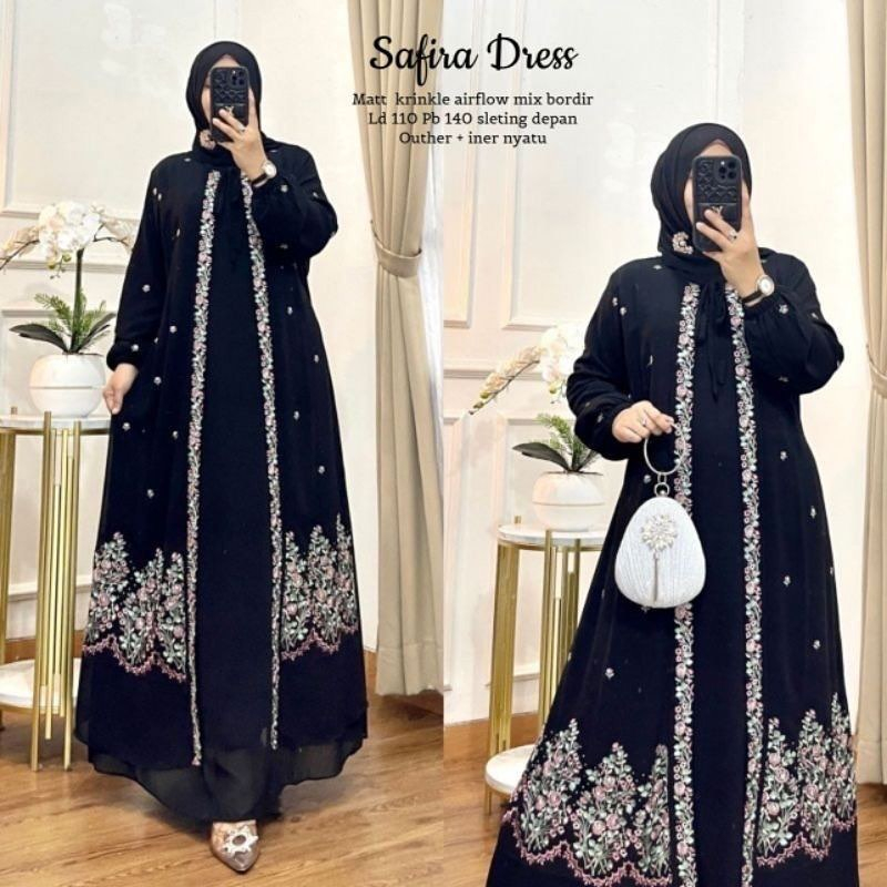 Gamis Kondangan Terbaru Safira Dress WD Bahan Kain Crinkle Airflow Aplikasi Bordir Size M L XL XXL D