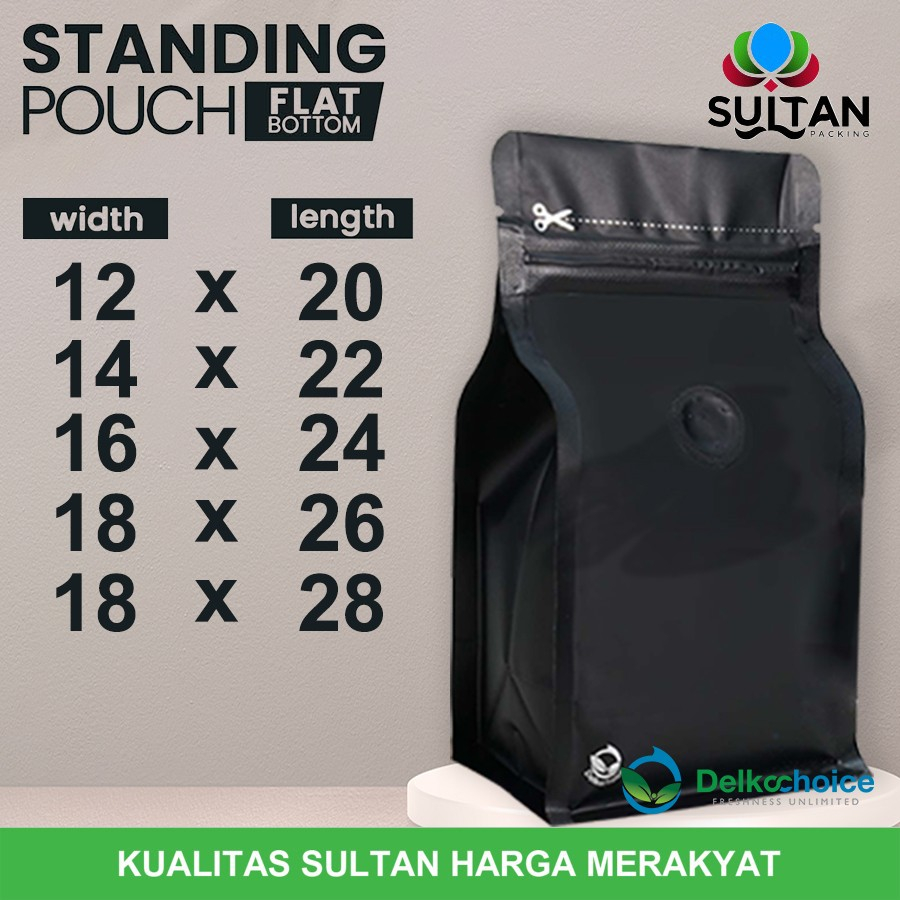 STANDING POUCH HITAM FLAT BOTTOM + VALVE | KEMASAN KOPI - BUNGKUS KOPI