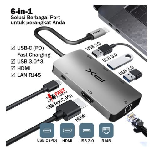 Type c to hdmi rj45 lan pd Usb 3.0 hub px 6in1 4k 100w uch16 uch-16