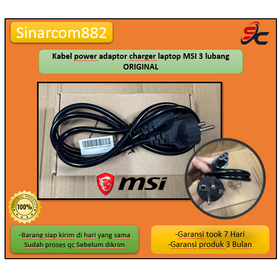 Kabel power adaptor charger laptop MSI 3 lubang ORIGINAL