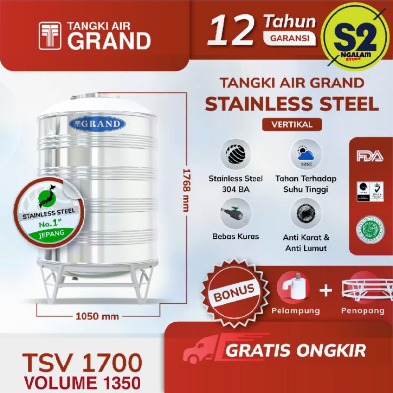 Tandon Tangki Toren Air Stainless Grand TSV 1700 Volume 1350 Liter
