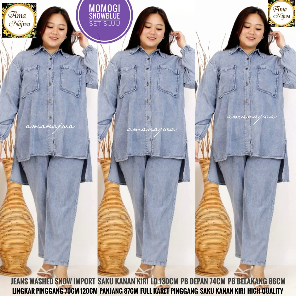 momogi-blue setelan jeans wash jumbo ld 130 oneset stelan set setcel baju pakaian atasan blouse blus
