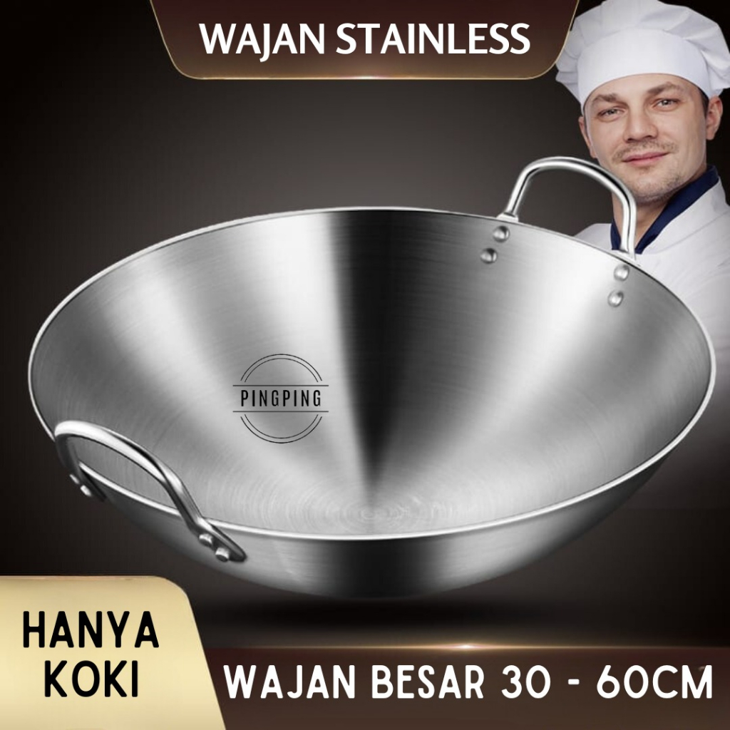 Wajan Penggorengan Tebal Full Stainless Steel ukuran 30cm - 60cm SUS 304/wajan cekung/wajan stainles