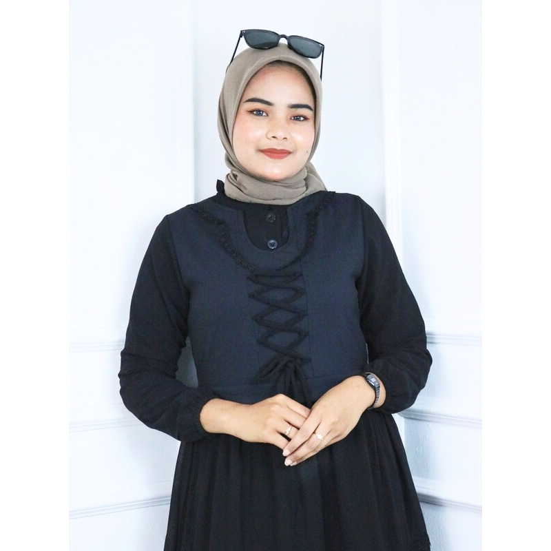 Gamis Wanita Kekinian Rebecca Dress BO  Bahan Kain Ceruty Babydoll Mix Rib Knit Aplikasi Renda Size 