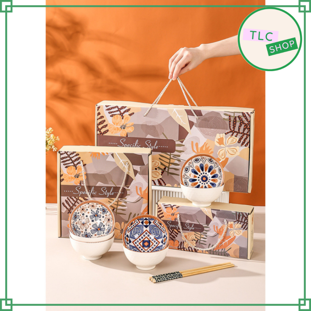 Mangkok Set Keramik / Mangkok Jepang Set / Cane flower Mangkok Jepang Set Sumpit Mangkok Keramik