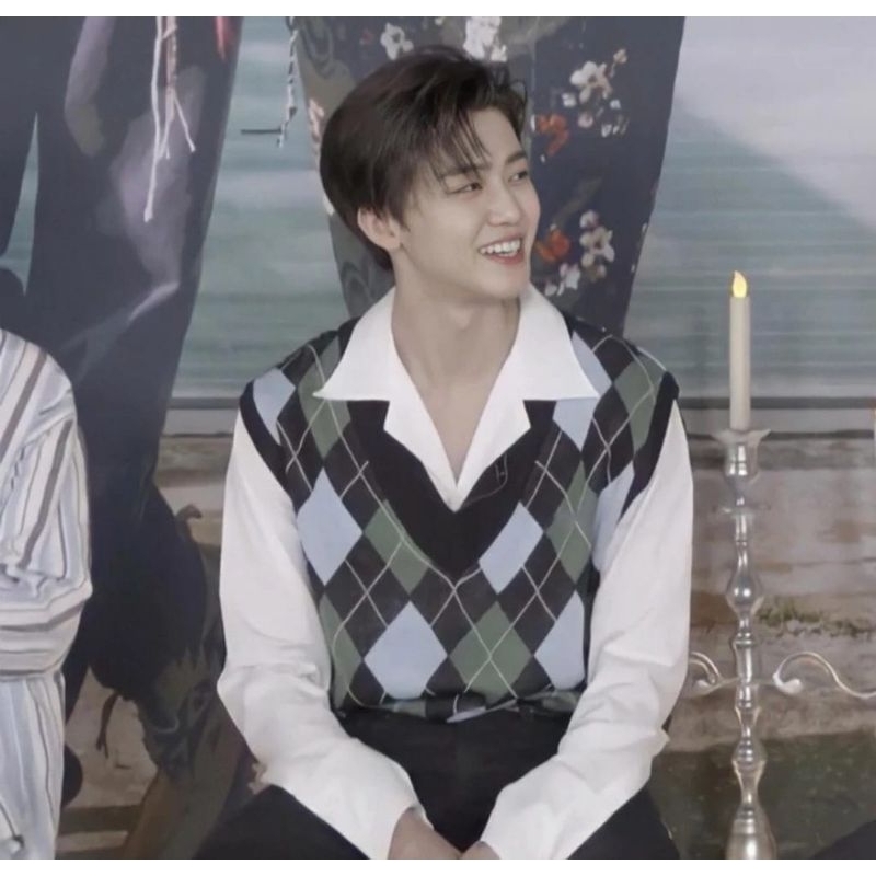 Vest Rajut Rompi Kotak Kotak Chuck Nana Jaemin Nct Dream Argyle Korea Gaya Retro Knit Baju Crop Keki