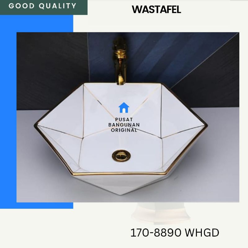WASTAFEL PUTIH EMAS KERAMIK HEXAGONAL WASTAFEL CUCI TANGAN WHITE GOLD MINIMALIS MODERN