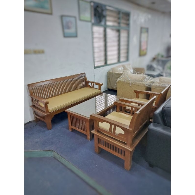 FULL SET Kursi Tamu Minimalis Kayu Jati Jepara 311 Minimalis + Meja Tamu Kayu Jati Kaca - Sofa