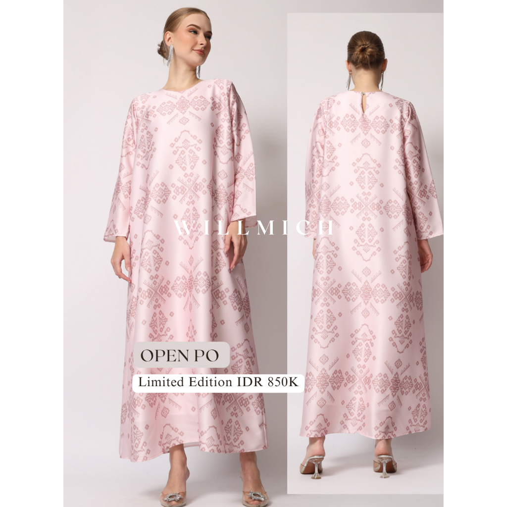 Dress Kaftan Satin Premium motif Etnik Pink  - New Collection