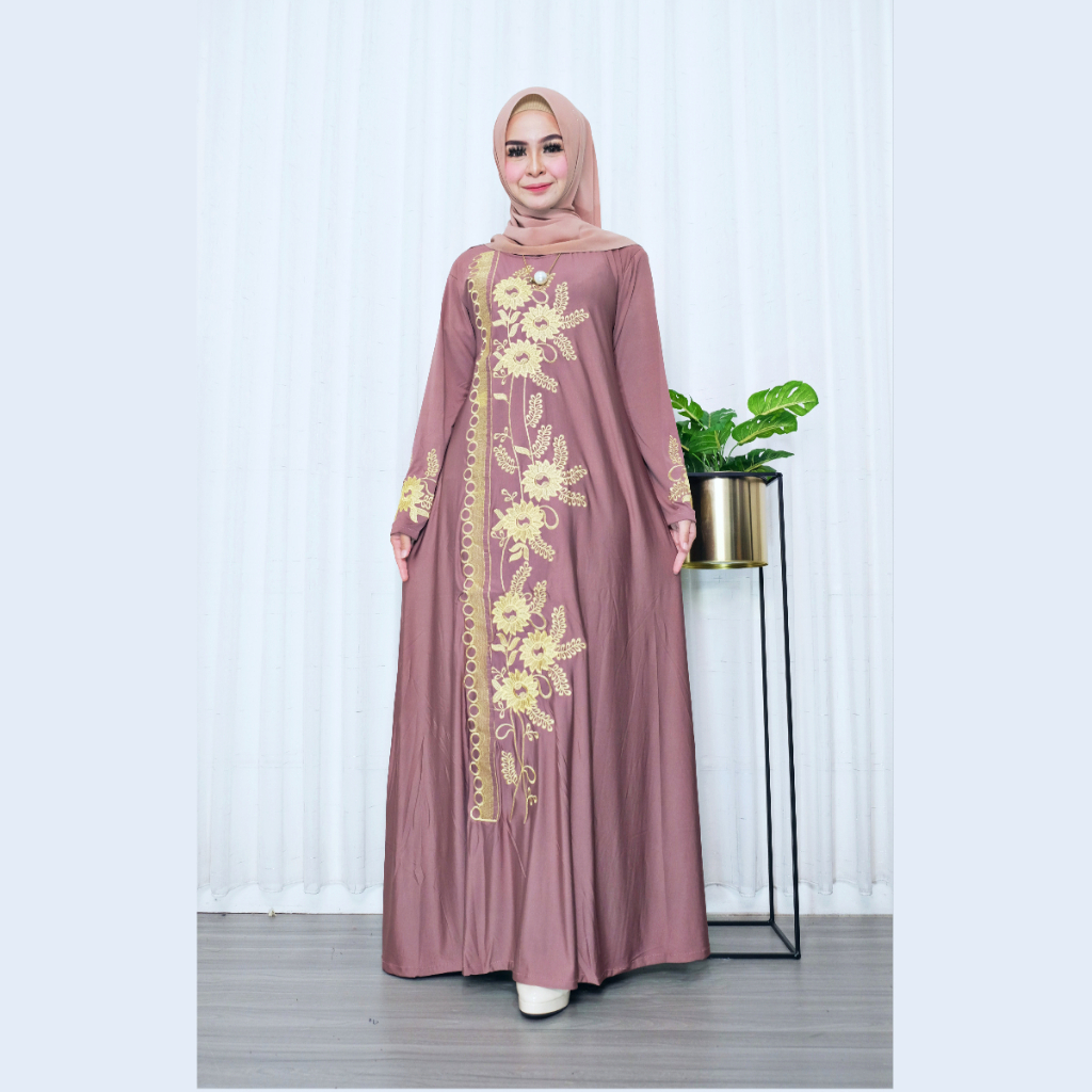 Gamis Wanita Maharani Bahan Jersey Livina Motif Bordir Bunga Size XXL LD 120-140 Baju Dress Muslim