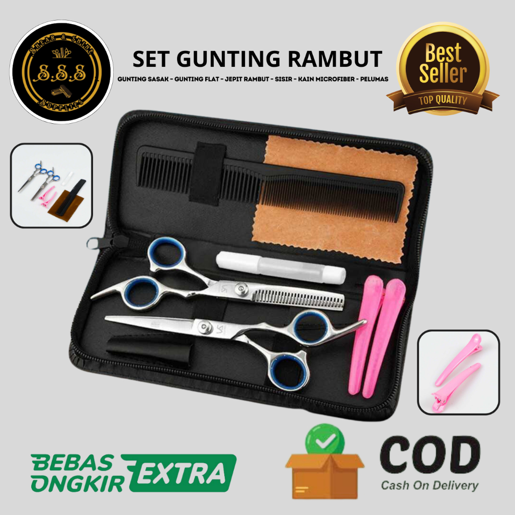 100% ORI Peralatan Set Gunting Rambut Salon Profesional Lengkap Berkualitas / Gunting Rambut Sasak S