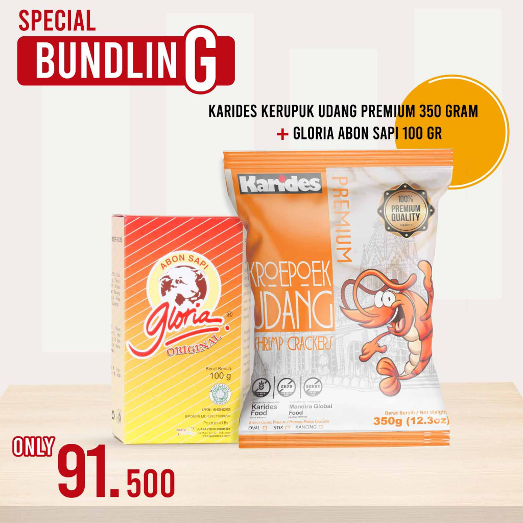 

BUNDLING - KARIDES KERUPUK UDANG PREMIUM 350G + GLORIA ABON SAPI 100G