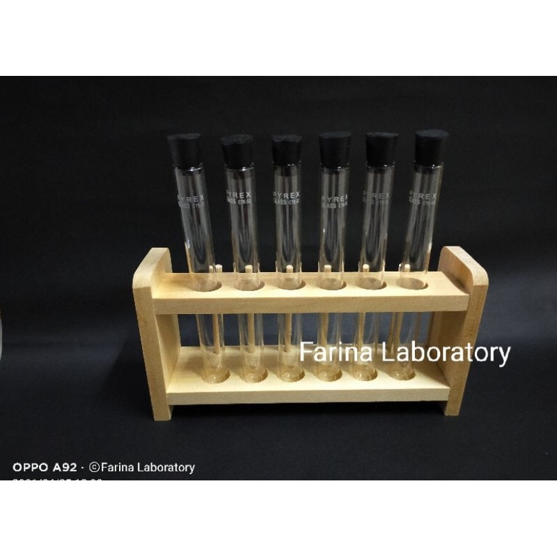 Rak Tabung Reaksi plus 6pcs Tabung Reaksi 16x150mm Pyrex tutup karet