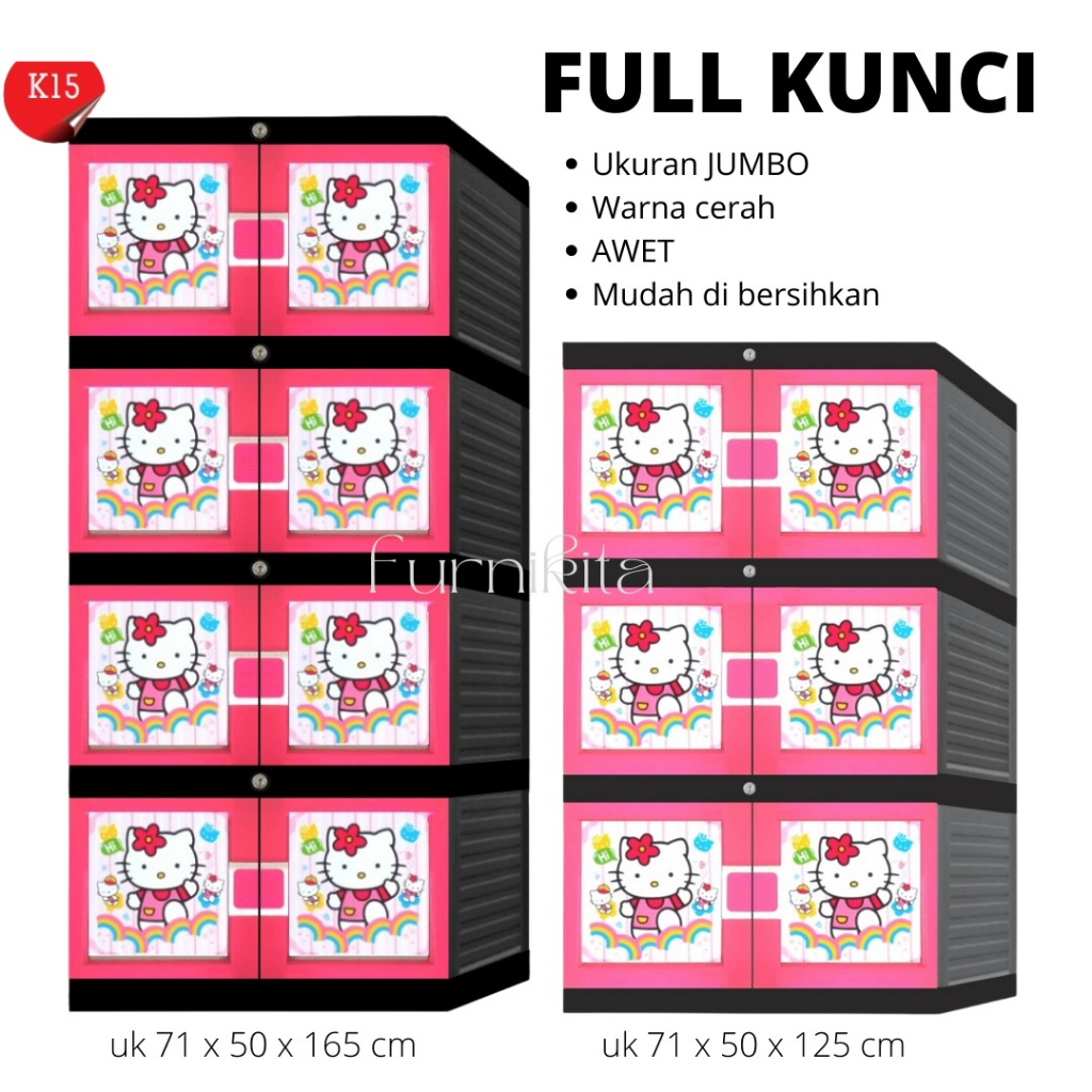 LEMARI PLASTIK KACA JUMBO PRINCESS HELLO KITTY PINK KUNCI
