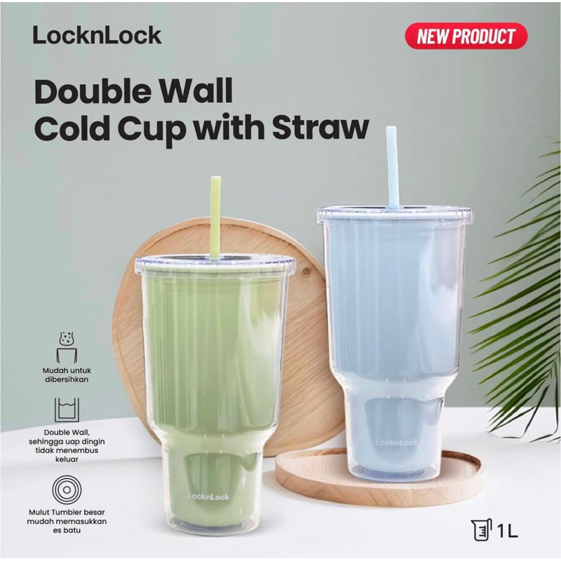 Double wall cold cup Lock n Lock 1L gelas / cangkir dengan sedotan